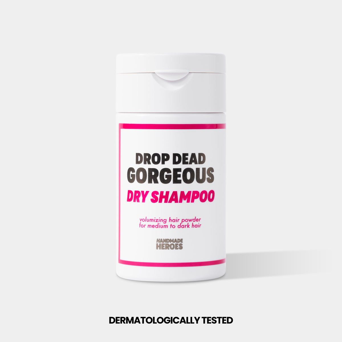 Drop Dead Gorgeous dry shampoo for medium to dark hair, tinted powder jar